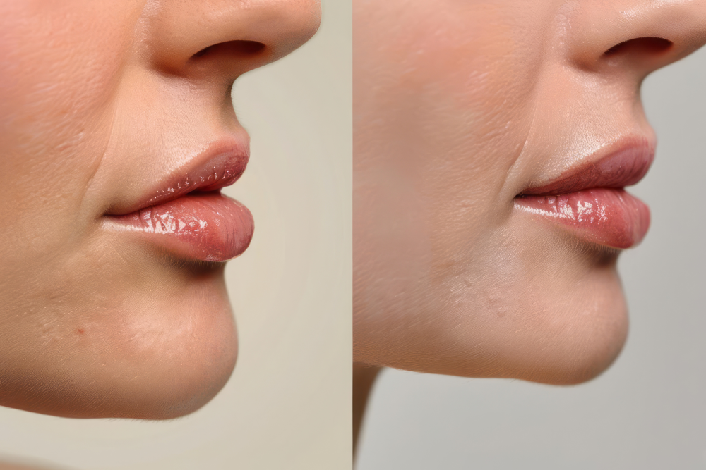 Close-up of lips before and after Restylane lip fillers.