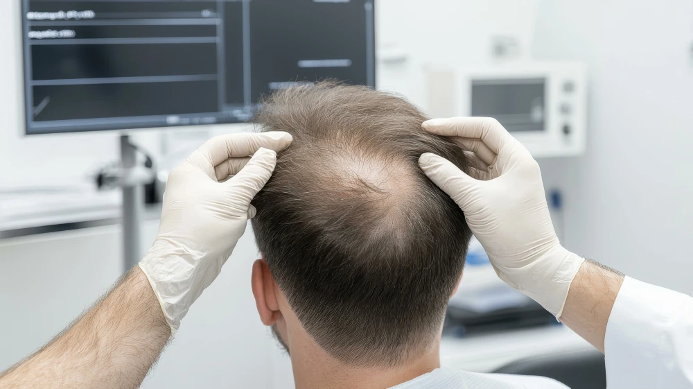 Doctor examines patient’s scalp during hair restoration consultation.